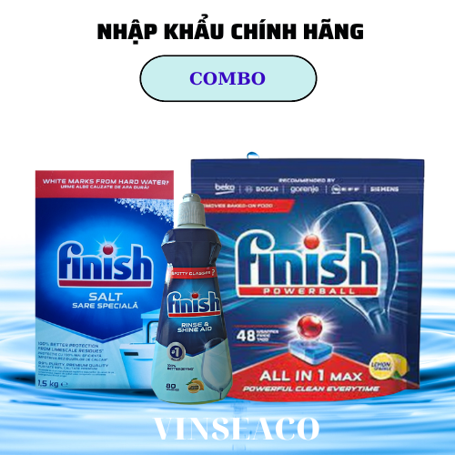 Combo muối Finish 1.5kg + Nước làm bóng Finish 400ml+ viên rửa bát finish 22 tabs dùng cho máy rửa bát