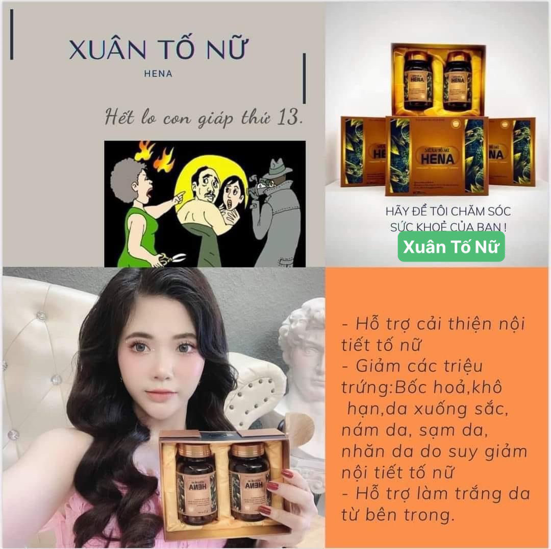 Xuân Tố Nữ HeNa Collagen. Hộp 2 Lọ 60 Viên. Cải Thiện Nội Tiết Tố, Bốc Hỏa Trắng Da Và Giảm Nám Tàn Nhang.