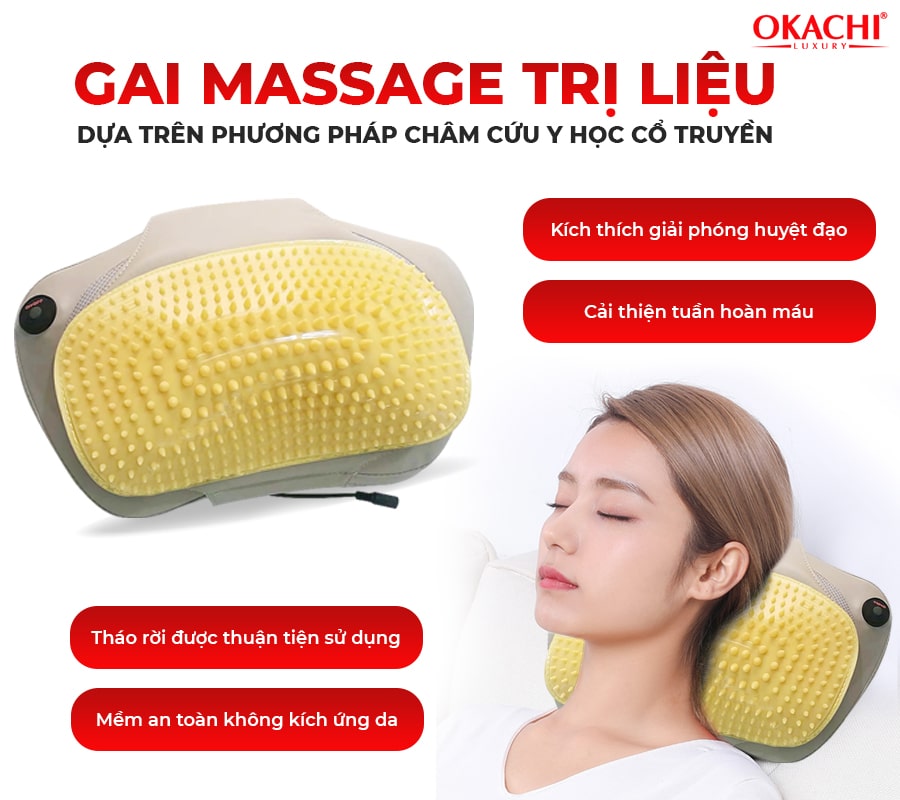 Gối massage hồng ngoại đau vai cổ lưng Shiatsu OKACHI JP-568E (Pin sạc)