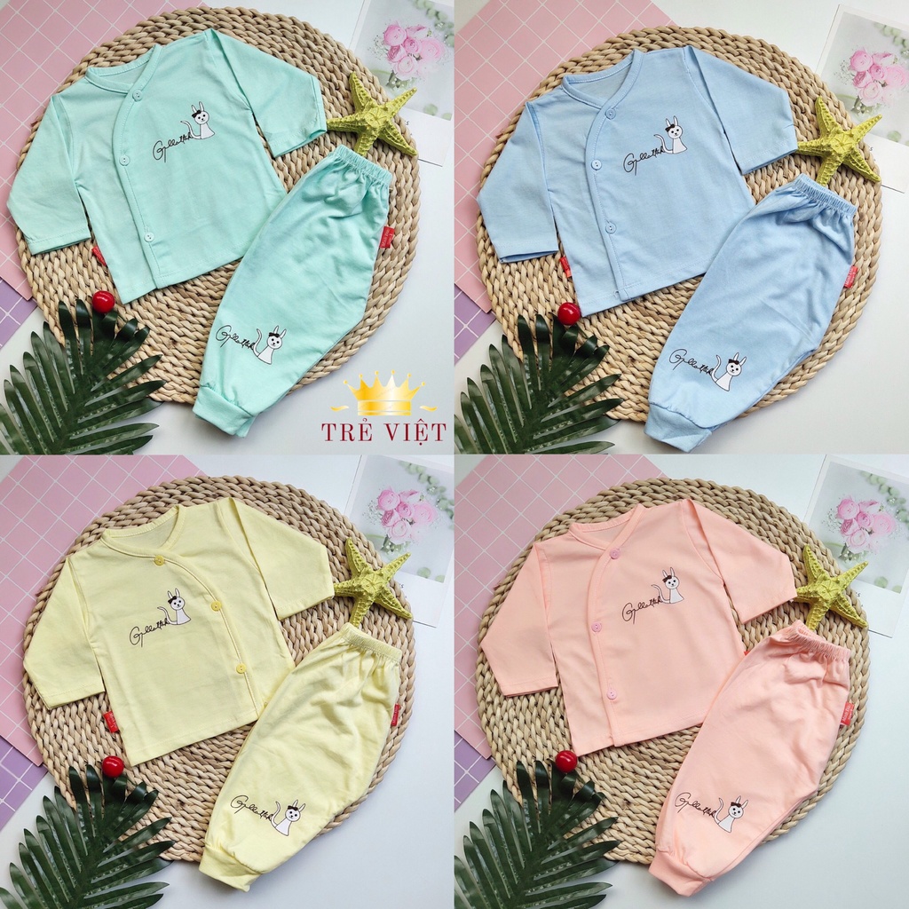 Bộ quần áo sơ sinh cotton dài tay, khuy lệch cho bé, Quần áo trẻ em từ 0 - 9 tháng