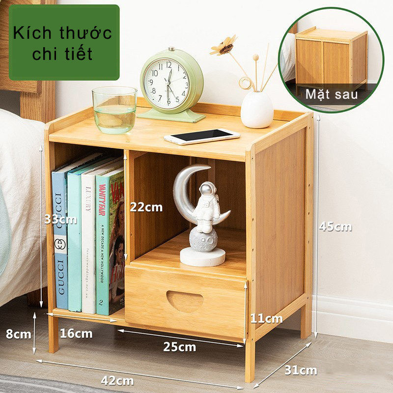Kệ Tủ mini kê đầu giường làm bằng gỗ tre sang đẹp, để sách và các đồ vật nhỏ, Kích thước 42x31x45cm - Táp mini đầu giường