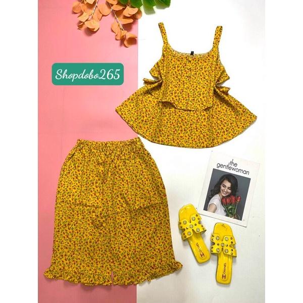 Bộ ngủ 2 dây,đồ ngủ mặc nhà lửng vải lụa BL 28 hoạ tiết hoa nhí siêu cưng.
