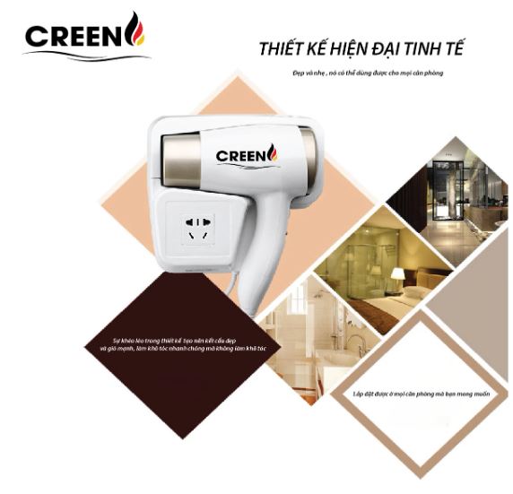 Máy sấy tóc gắn tường CREEN CR-ST1200, sấy nhanh khô, ion âm dưỡng ẩm không hại tóc - Hàng chính hãng