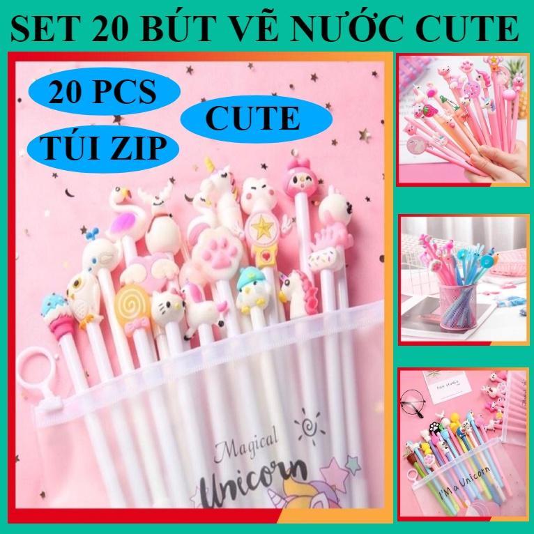 Combo 20 cây bút bi mực nước siêu xinh nhiều hình hoạt họa cute kèm túi zip cho bé thoải mái sáng tạo tư duy học tập