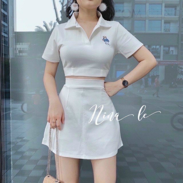 Set Bộ Váy Chữ A Kèm Áo Croptop Có Cổ