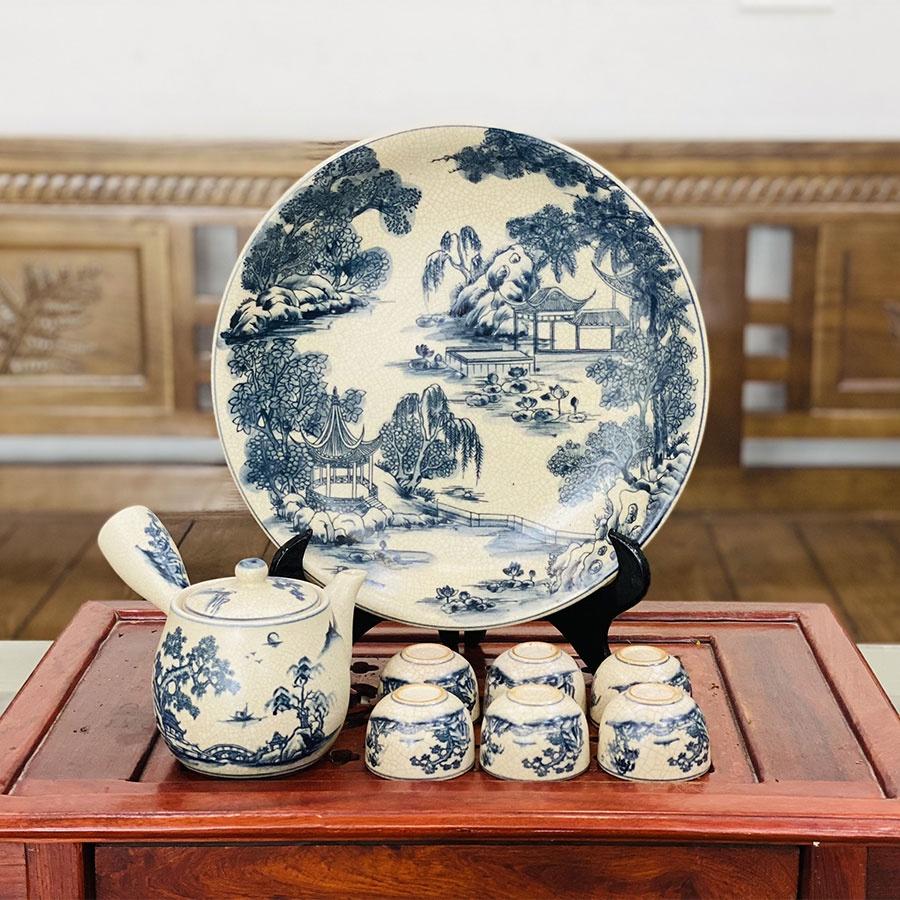 Bộ ấm chén men rạn quai chuôi kèm đĩa trang trí bát tràng