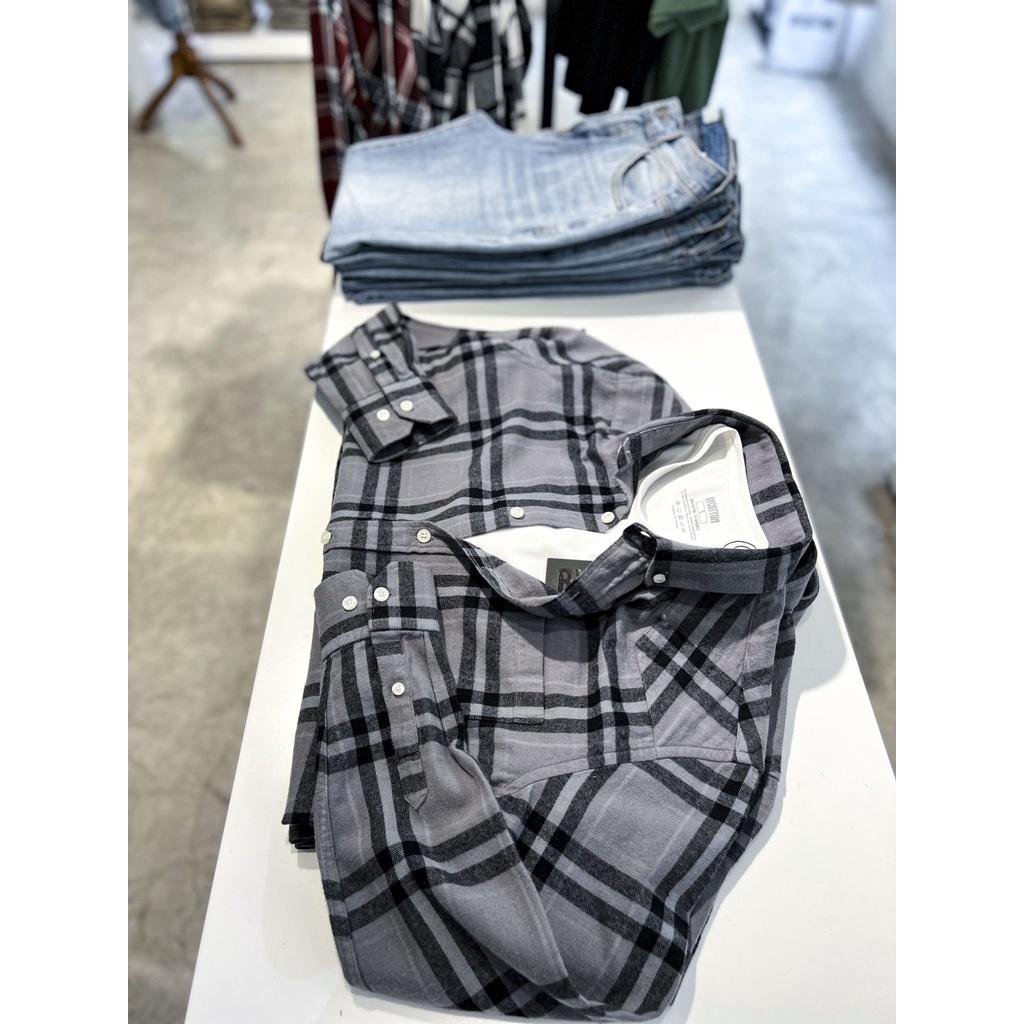 Áo Sơ Mi Nam Dài Tay Caro Đen Phối Xám BY COTTON Black Grey Checked Flannel Shirt