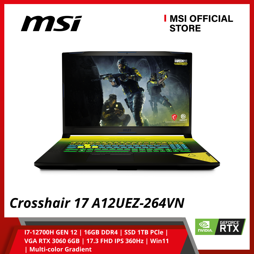 Laptop MSI Gaming Crosshair 17 A12UEZ 264VN (I7-12700H GEN 12 | 16GB DDR4 | SSD 1TB PCle | VGA RTX 3060 6GB | 17.3 FHD IPS 360Hz | Win11 | Multi-color Gradient) - Hàng Chính Hãng