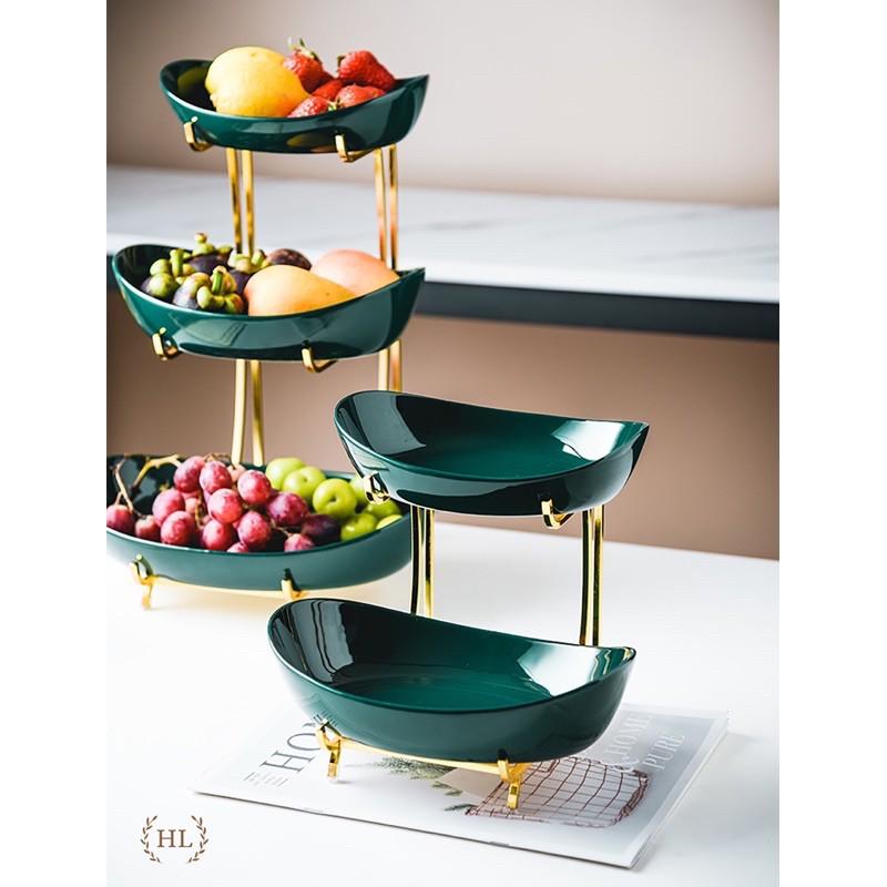 Khay Gốm Đựng Hoa Quả 3 Tầng 2 Màu Xanh, Trắng Phong Cách Bắc Âu - Khung kim loại kèm kệ inox cao cấp