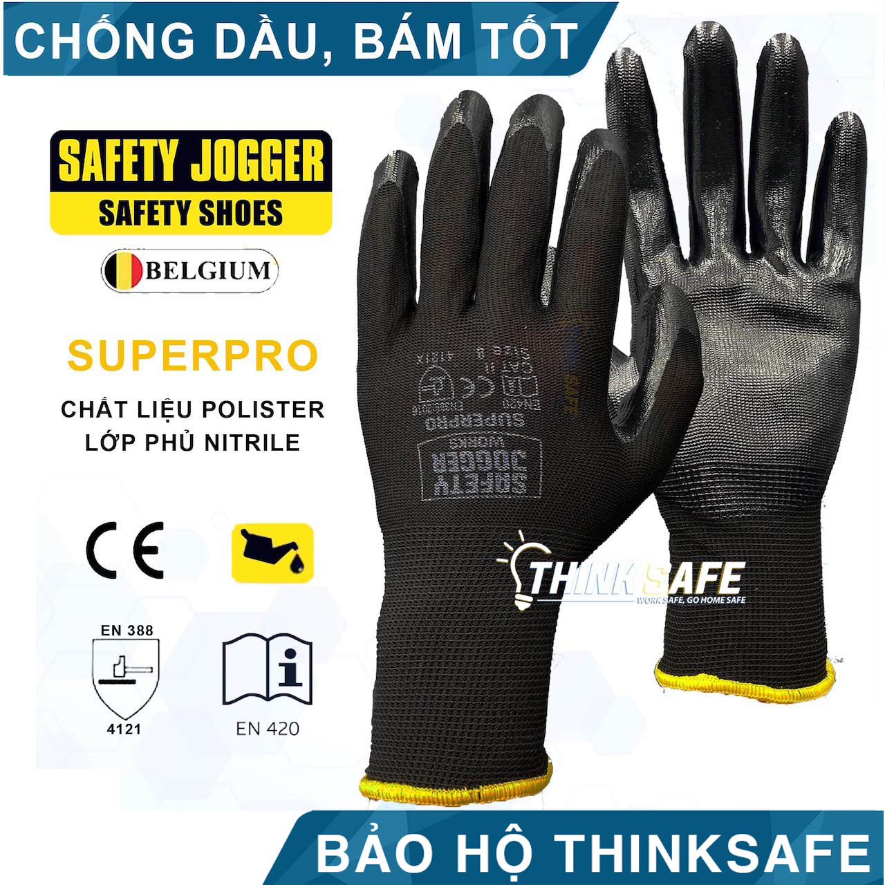 Găng tay chống dầu Safety Jogger Superpro găng tay đa năng, ôm tay thoáng khí, chống trơn trượt (đen)