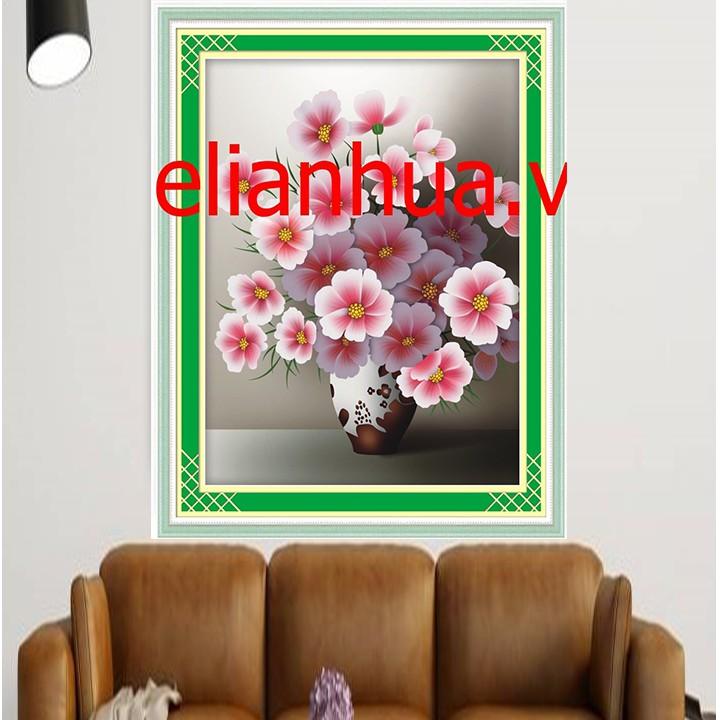 Tranh thêu bình hoa màu hồng nhạt A884 - kích thước: 48 * 60cm.
