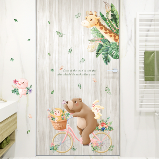 Decal trang trí tường - Chú gấu nâu đạp xe đạp và những người bạn