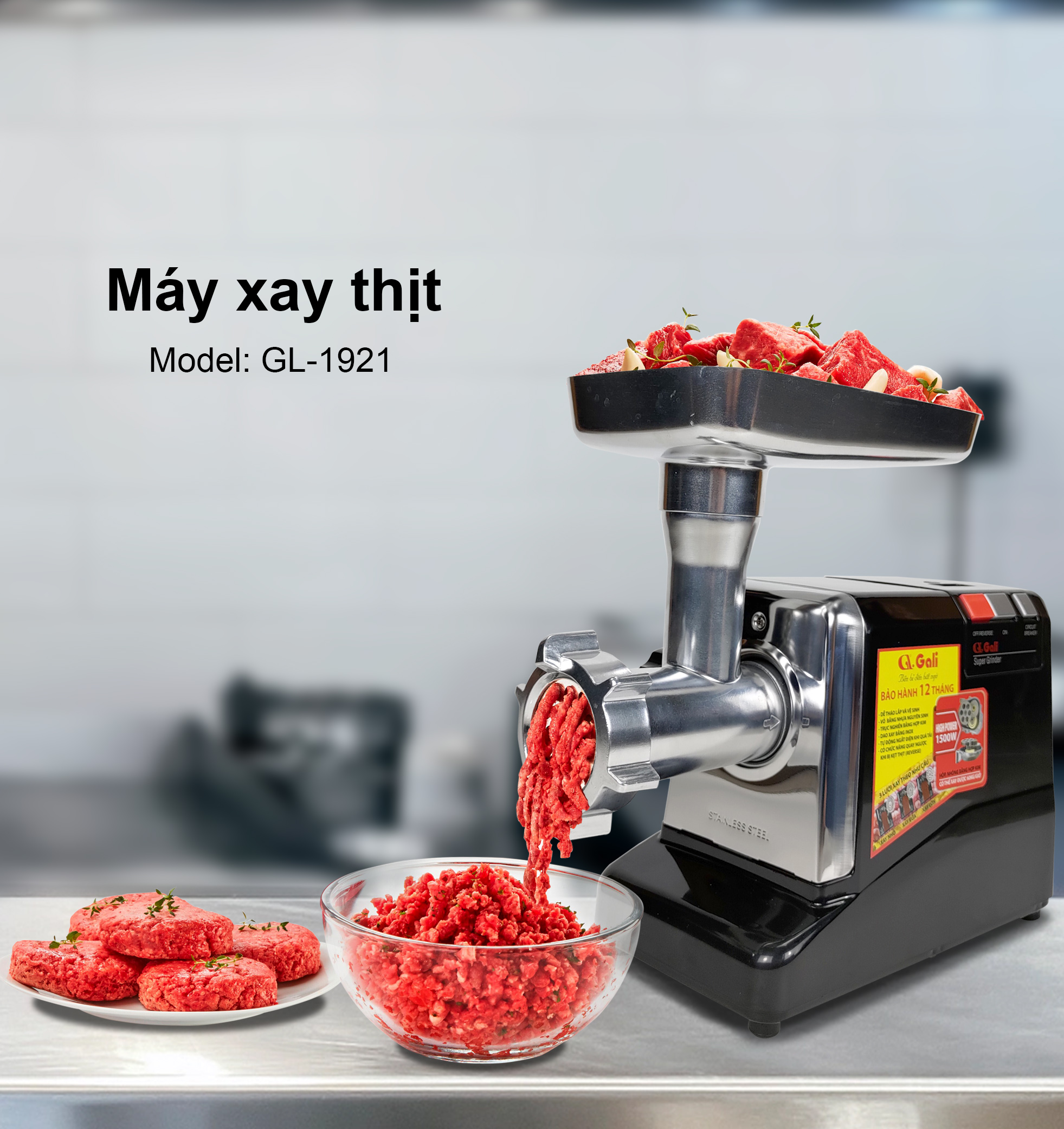 Máy xay thịt công nghiệp Gali GL-1921 công suất lớn 1500w, 1 giờ xay 60kg, xay thịt, tôm, cua, hàng nhập khẩu bảo hành 24 tháng