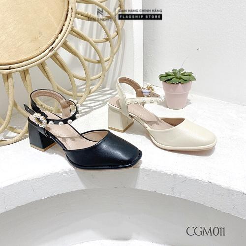 Giày cao gót Ninshoes - Cao gót Mary jane 5P đế vuông mũi tròn bít gót, quai cài đính ngọc phong cách hàn quốc