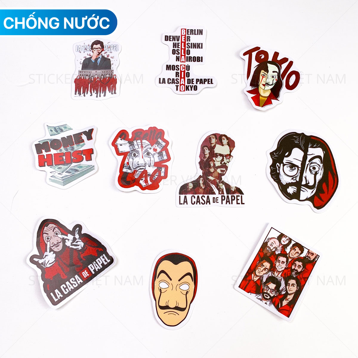 Sticker Money Heist - Phi Vụ Triệu Đô - Chất Liệu PVC Chất Lượng Cao Chống Nước - Kích Thước 4-8cm