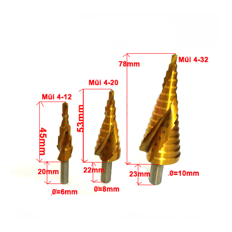 Bộ 3 Mũi Khoan Bước Hình Nón Phủ Titanium