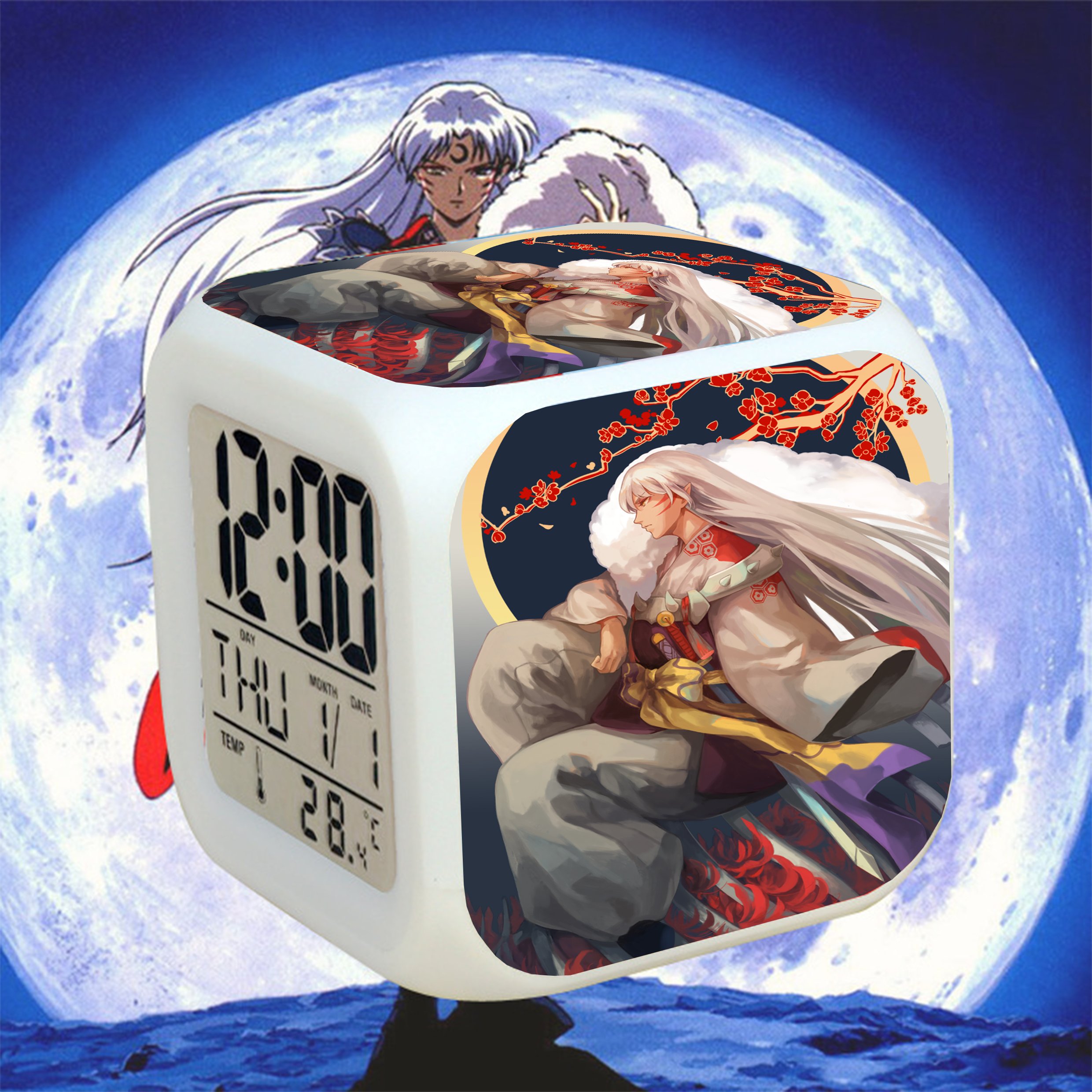 Đồng hồ báo thức để bàn in hình INUYASHA KHUYỂN DẠ XOA đèn LED đổi màu anime chibi xinh xắn