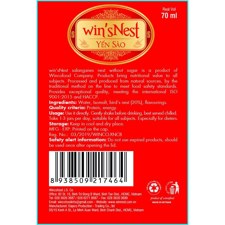 Combo 10 lọ Yến Sào cao cấp win'snest Tổ Yến Chưng Sẵn Không Đường 20% (70 ml/ lọ) kèm túi xách