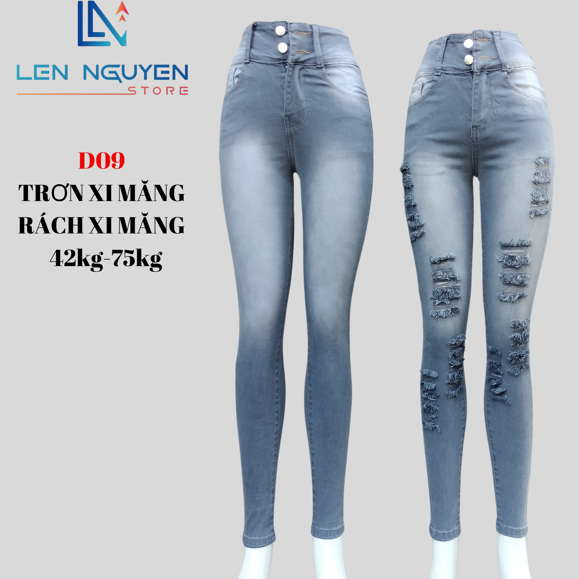 D09_ Quần Jean Nữ Dài 95cm Lưng Siêu Cao,Màu Xi Măng Rách Và Trơn Quần Jean Nữ Dài Có Bigsize Từ 42kg đến 80kg Pants Bò Denim Women Có Túi - Rách Xi Măng