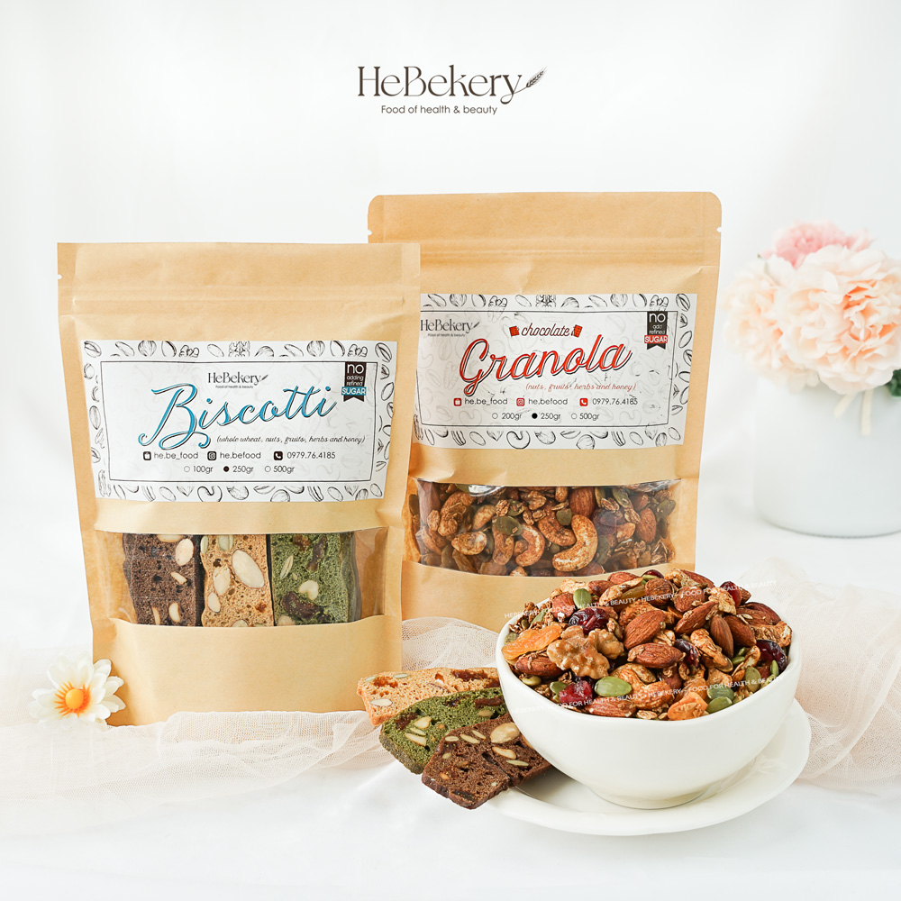 Combo 250g Granola + 250g Biscotti 3 Vị Ăn Kiêng Không Đường By HeBe