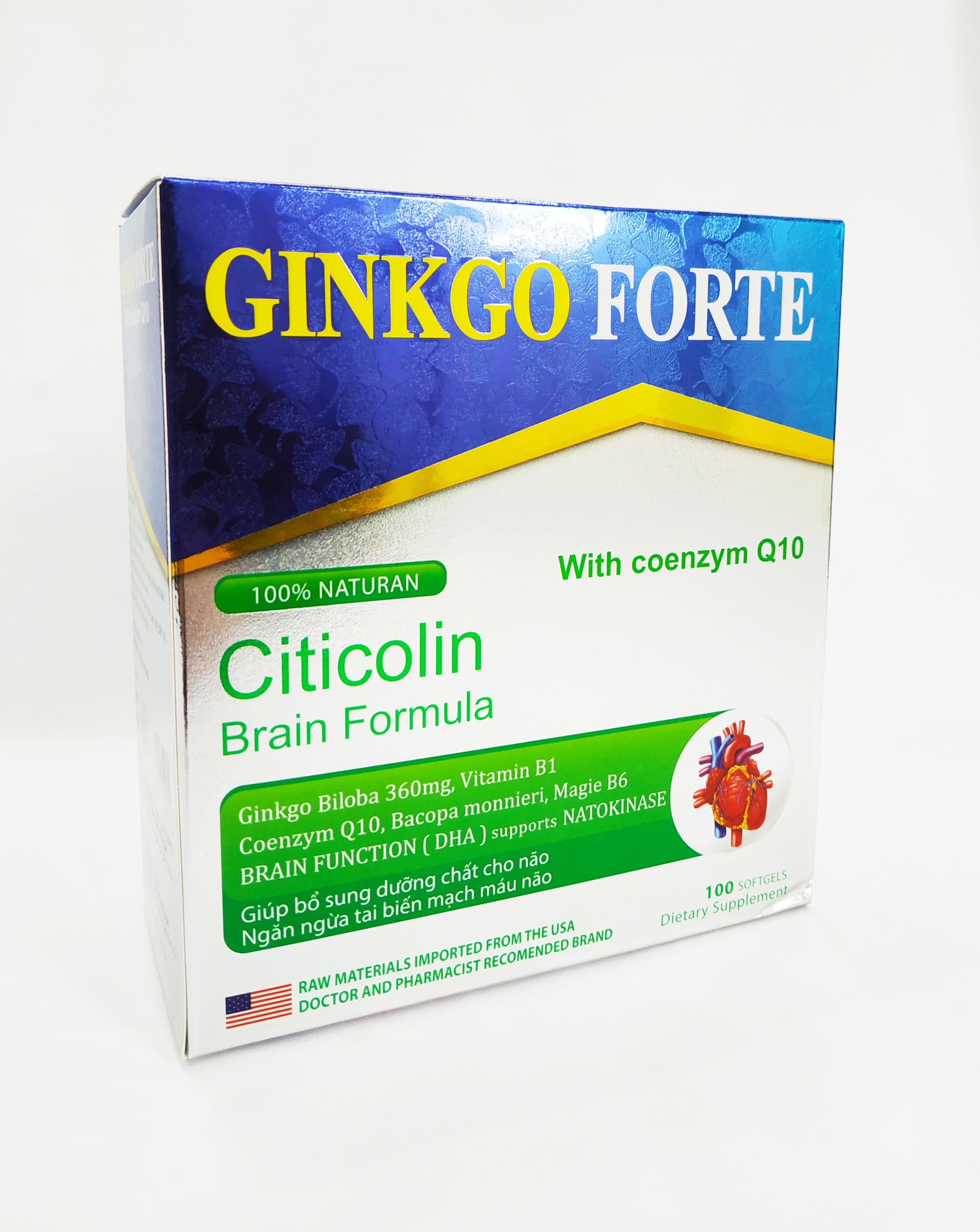 Hoạt Huyết Dưỡng Não Ginkgo Forte With Coenzyme Q10 - Giảm Tai Biến Mạch Máu Não - Giúp Tuần Hoàn Máu Não - Hộp 100 Viên