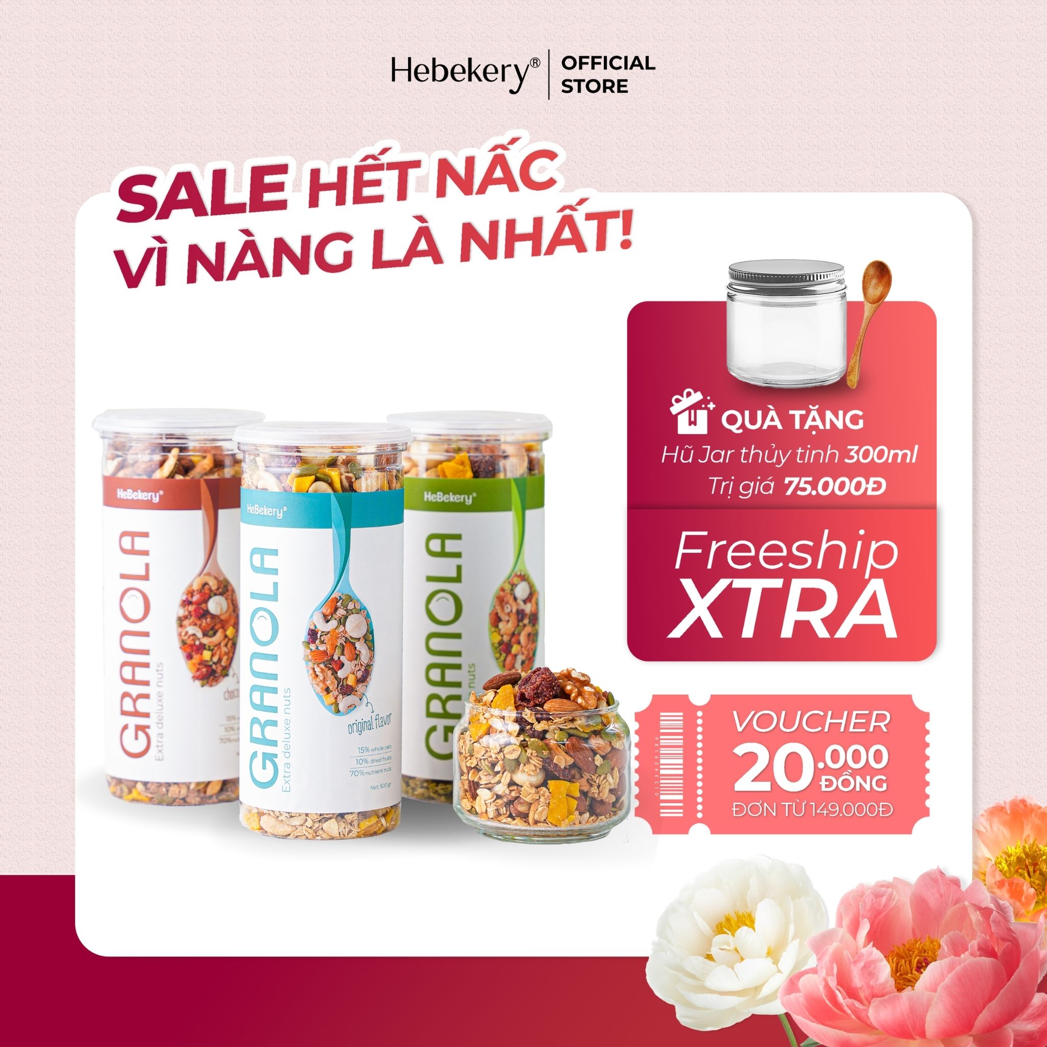 Combo 3 Hũ 500gr Granola Siêu Hạt 3 Vị - Ngũ Cốc Dinh Dưỡng HEBEKERY by HEBE