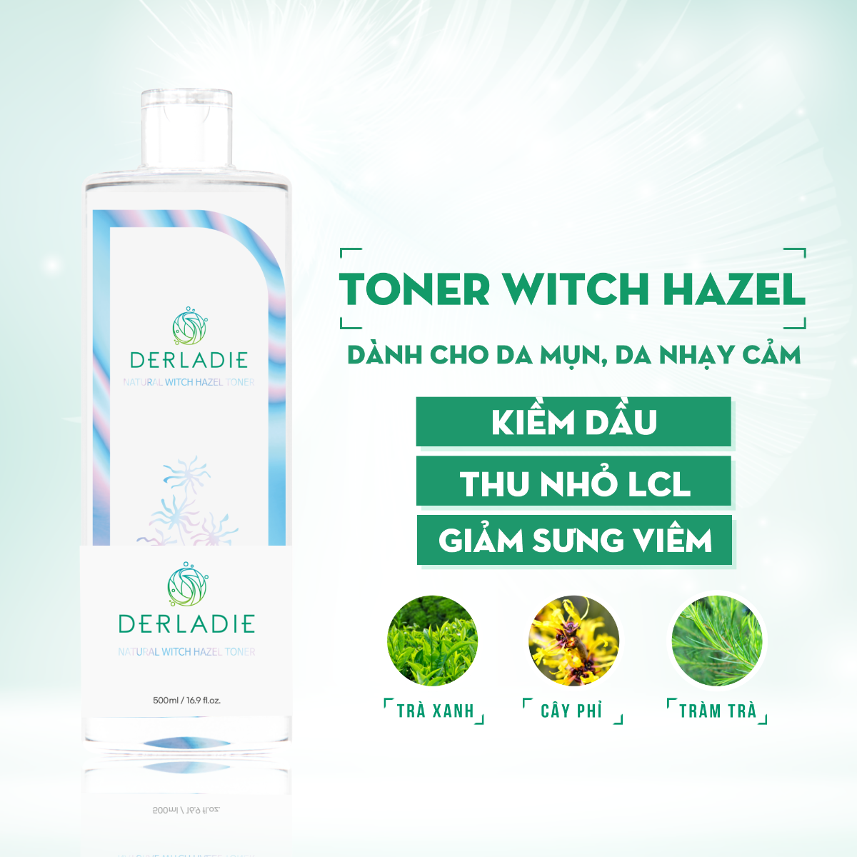 Nước Hoa Hồng Dưỡng Ẩm, Dịu Nhẹ Chiết Xuất Cây Phỉ Derladie Natural Witch Hazel Toner 500ml [ Được Mask 3W Clinic ]