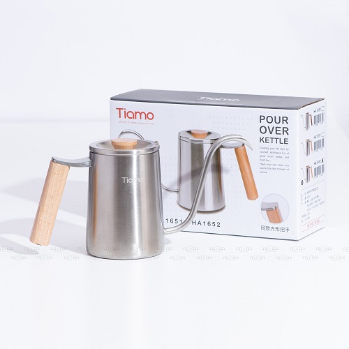 Ấm rót inox 304 tay cầm gỗ vuông pha cà phê tiện lợi Tiamo 600ml