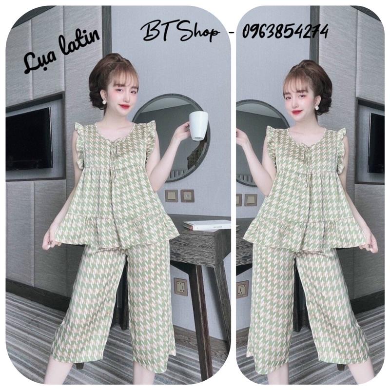 Đồ ngủ mặc nhà lụa latin quần lỡ hoạ tiết freesize 42-57kg