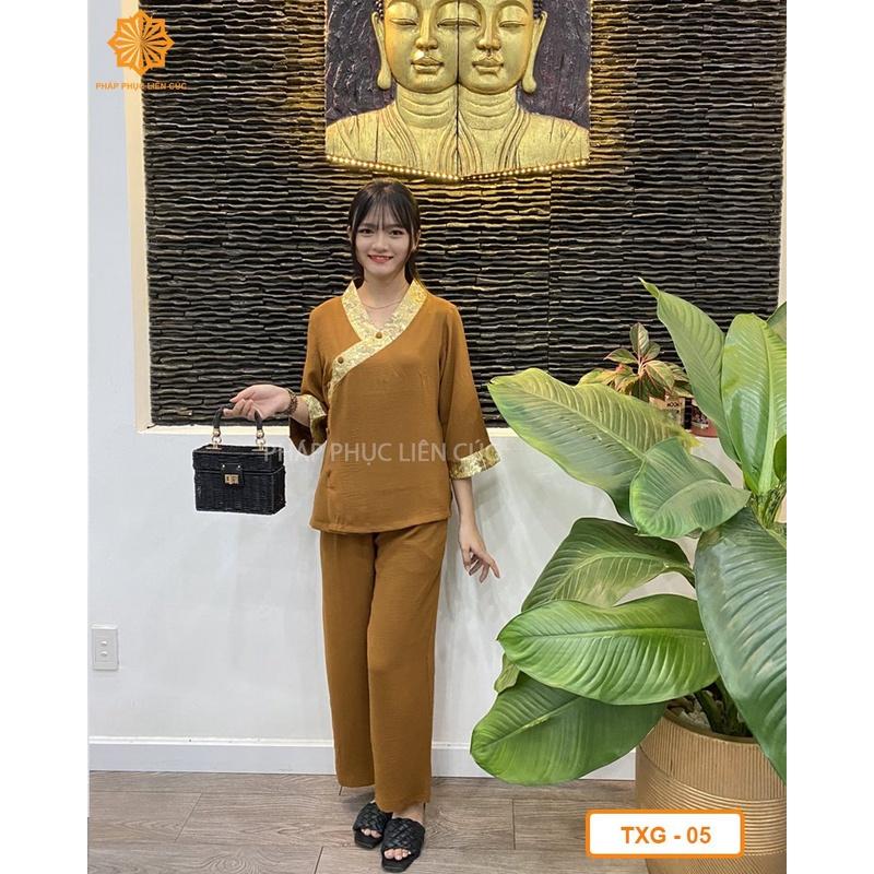 Đồ lam đi chùa nữ - Pháp phục mẫu tim xéo phối gấm, bền màu không nhăn xưởng may Liên Cúc