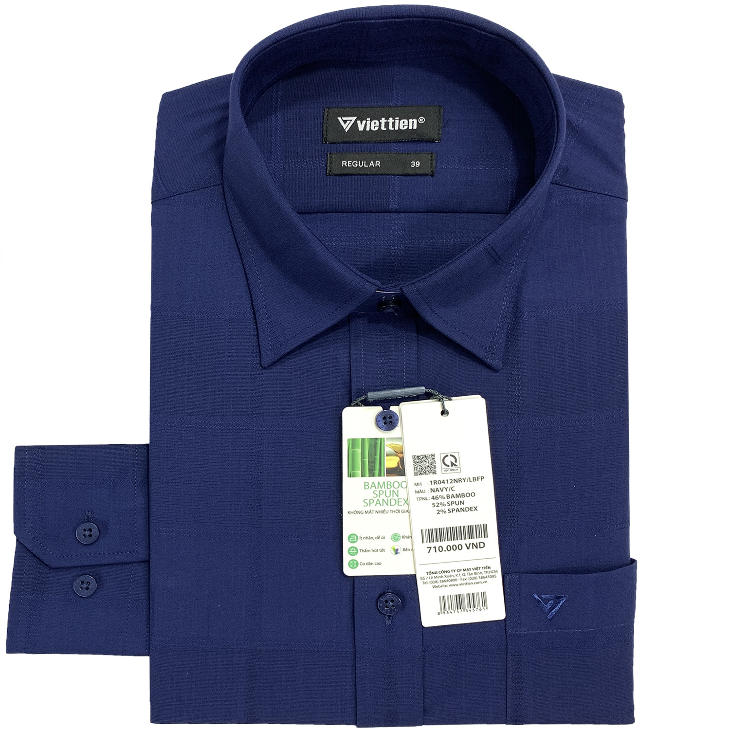 Viettien - Áo sơ mi nam dài tay màu xanh đen 1R0412 vải có hoa văn ca rô chìm form regular
