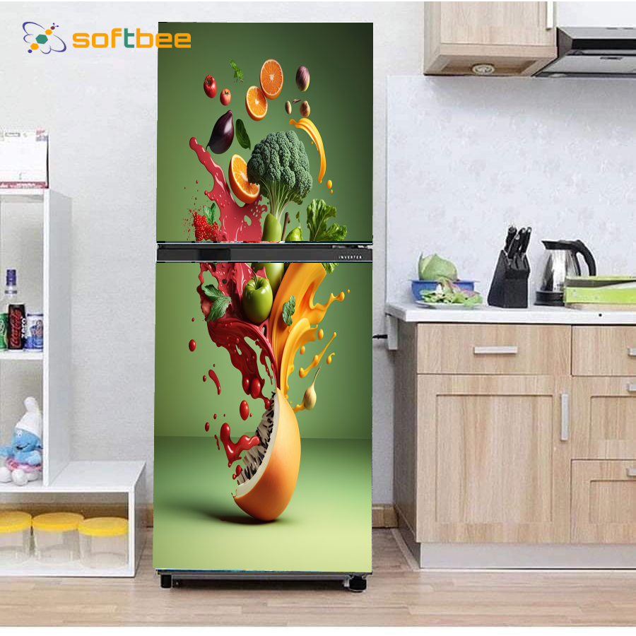 Decal dán tủ lạnh máy giặt, in hình hoa quả phông xanh lá, gồm 4 kích thước mẫu chọn