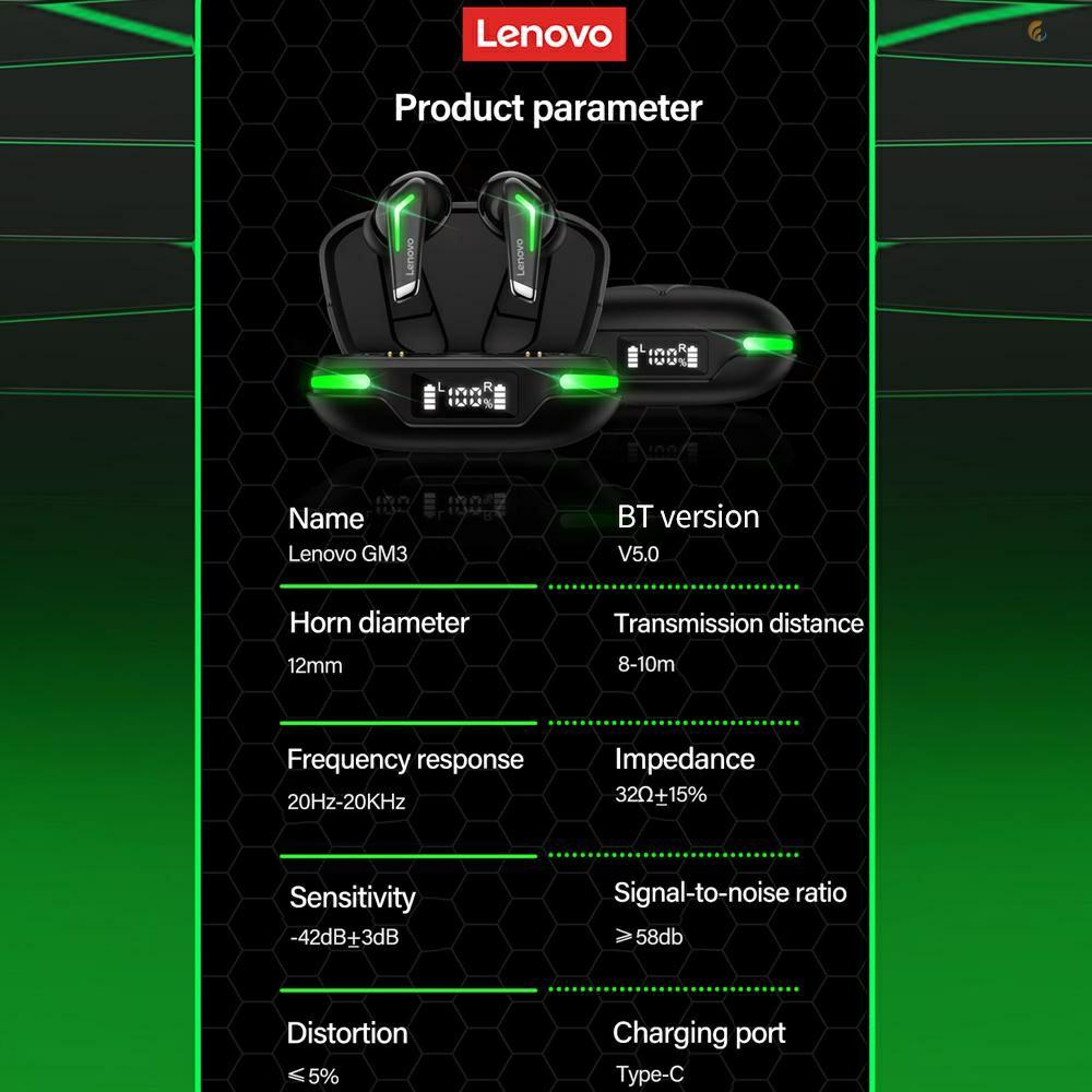 Tai nghe không dây LENOVO GM3 Bluetooth 5.0 TWS âm thanh giảm ồn HD độ trễ thấp pin trâu có micro cho chơi game thể thao-Hàng chính hãng