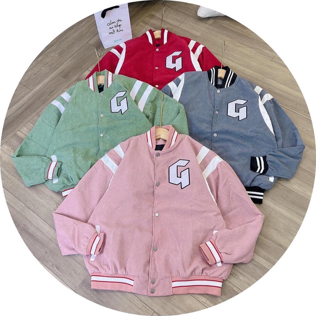 Áo Khoác Bomber Nhung Gân Tăm Thêu  ̂ Jacket Varsity GONZ Unisex Form Rộng Nam Nữ Ulzzang