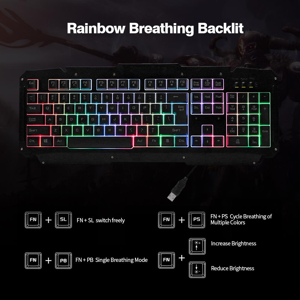 Bàn phím có dây USB Rainbow Backlit với Bảng điều khiển bằng kim loại Các phím treo cho máy tính PC