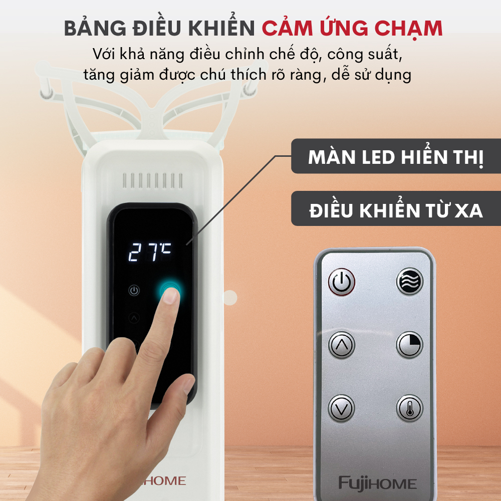 Máy sưởi dầu điều khiển từ xa không khô da Fujihome OH8613, máy sưởi ấm điện 13 thanh màn điện tử cảm ứng , tự ngắt an toàn tiết kiệm điện - Hàng chính hãng