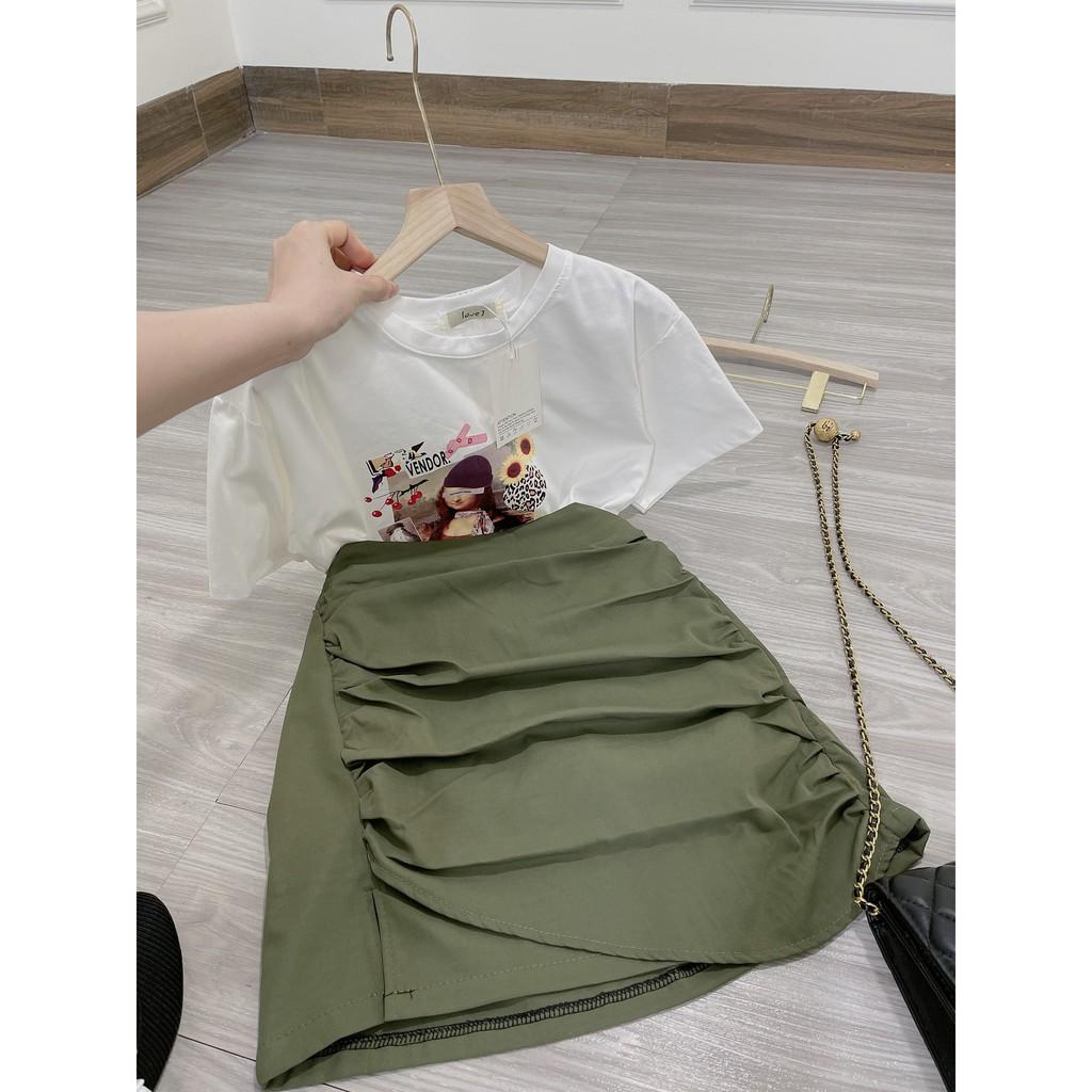 SET ÁO PHÔNG CUTE MIX CHÂN VÁY KAKI CO GIÃN MỀM MẠI