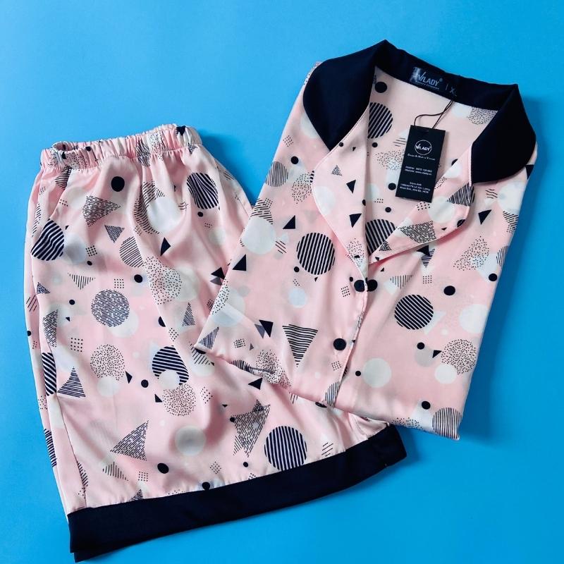 Đồ bộ pijama lụa, đồ mặc nhà nữ Vilady - B137  kiểu đồ bộ ngắn họa tiết hình học siêu dễ thương, chất liêu lụa Pháp ( lụa latin) cao cấp - Màu hồng