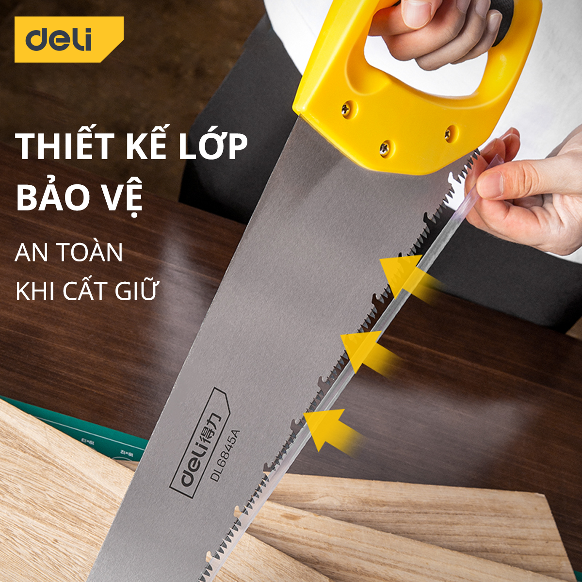 Cưa Cầm Tay Bản Rộng Deli Chính Hãng - Chiều Dài 450mm - Lưỡi Cưa Thép Sắc Bén - Vỏ Bọc An Toàn, Bảo Vệ Lưỡi Cưa - Hàng Chính Hãng - DL6845