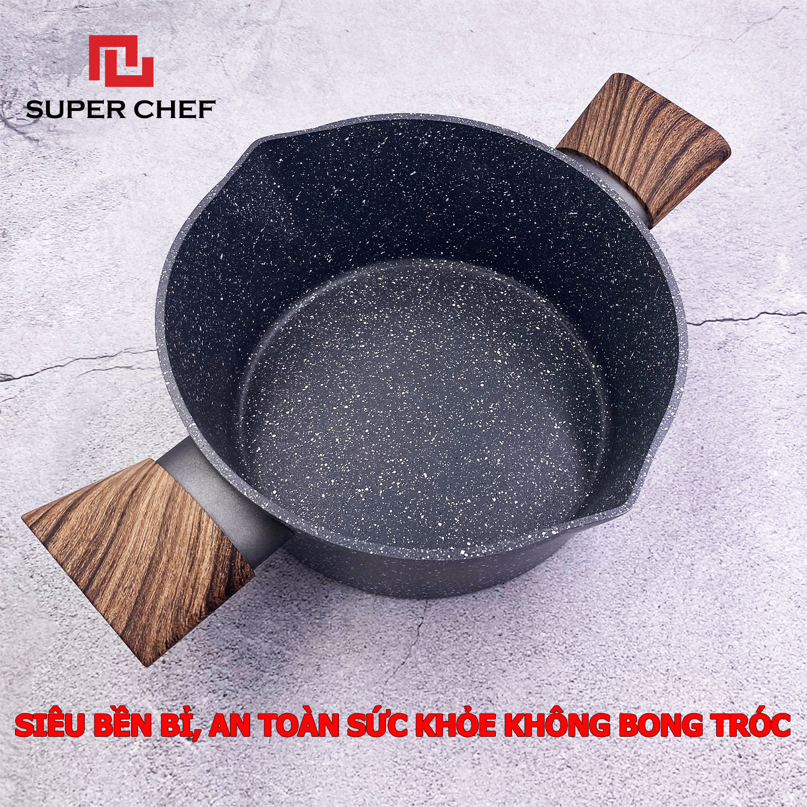 Nồi Vân Đá Đáy Từ Super Chef Đáy 5 Lớp Chống Dính Tốt, Nấu Nhanh, Chín Đều Thơm Ngon, Siêu Bền Bỉ Không Bong Tróc, Hạn Chế Trầy ( Size 20-24cm)