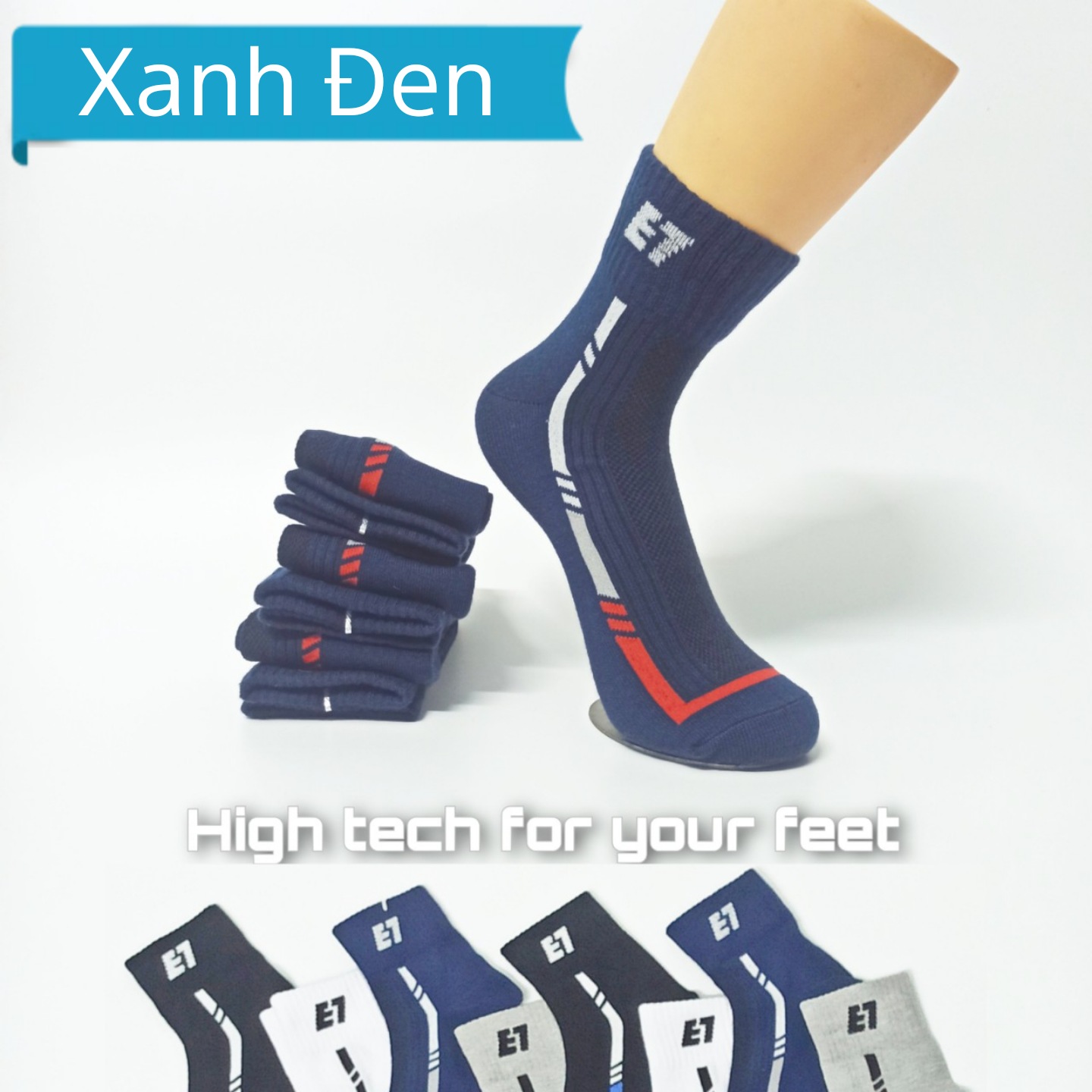 Vớ Tất Thể Thao Cổ Trung Cotton Cao Cấp As - S201. Dày Dặn, Mềm Mại, Kháng Khuẩn Khử Mùi, Không Hôi Chân. 4 Màu Trắng, Đen, Xanh, Xám - Xanh Đen - Free Size