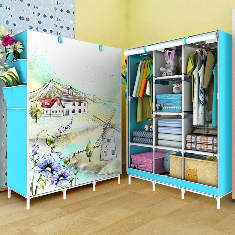 Tủ vải lắp ghép họa tiết 3D đựng quần áo gấp gọn, có 2 khoang treo đồ, thiết kế rộng rãi, phù hợp cho gia đình, người nhiều quần áo - Tủ vải khung thép 3 buồng 8 ngăn đựng