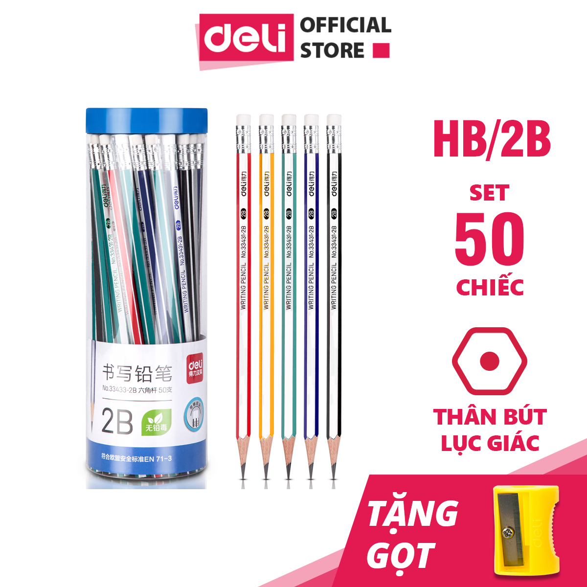 Bút Chì 2B Hb Gỗ Tự Nhiên Deli - Dễ Gọt Và Nhạy Với Máy Chấm Thi - Kèm Tẩy Và Gọt - 10 Chiếcvỉ 50 Chiếchộp - 33431 33433 - Hộp 50 Chiếc - 2B