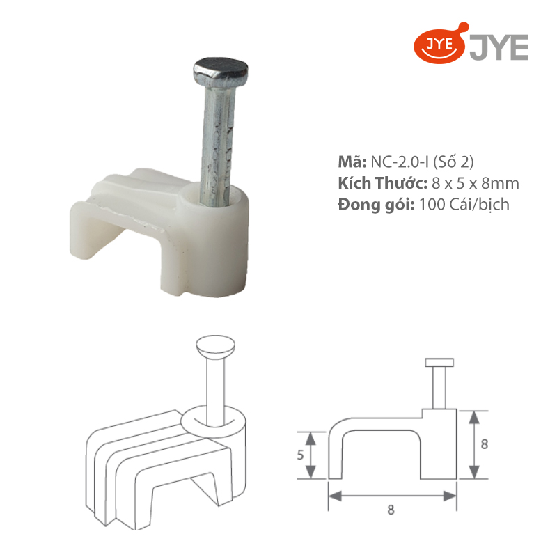 Đinh Móc Nhựa JYE (NC-2-I) 100 Cái/Bịch, Nẹp Đinh Cố Định Dây Điện, Đinh Ghim Dây Điện Trên Tường, Đinh Bằng Thép Chắc Chắn, Nhiều Kích Thước Lựa Chọn