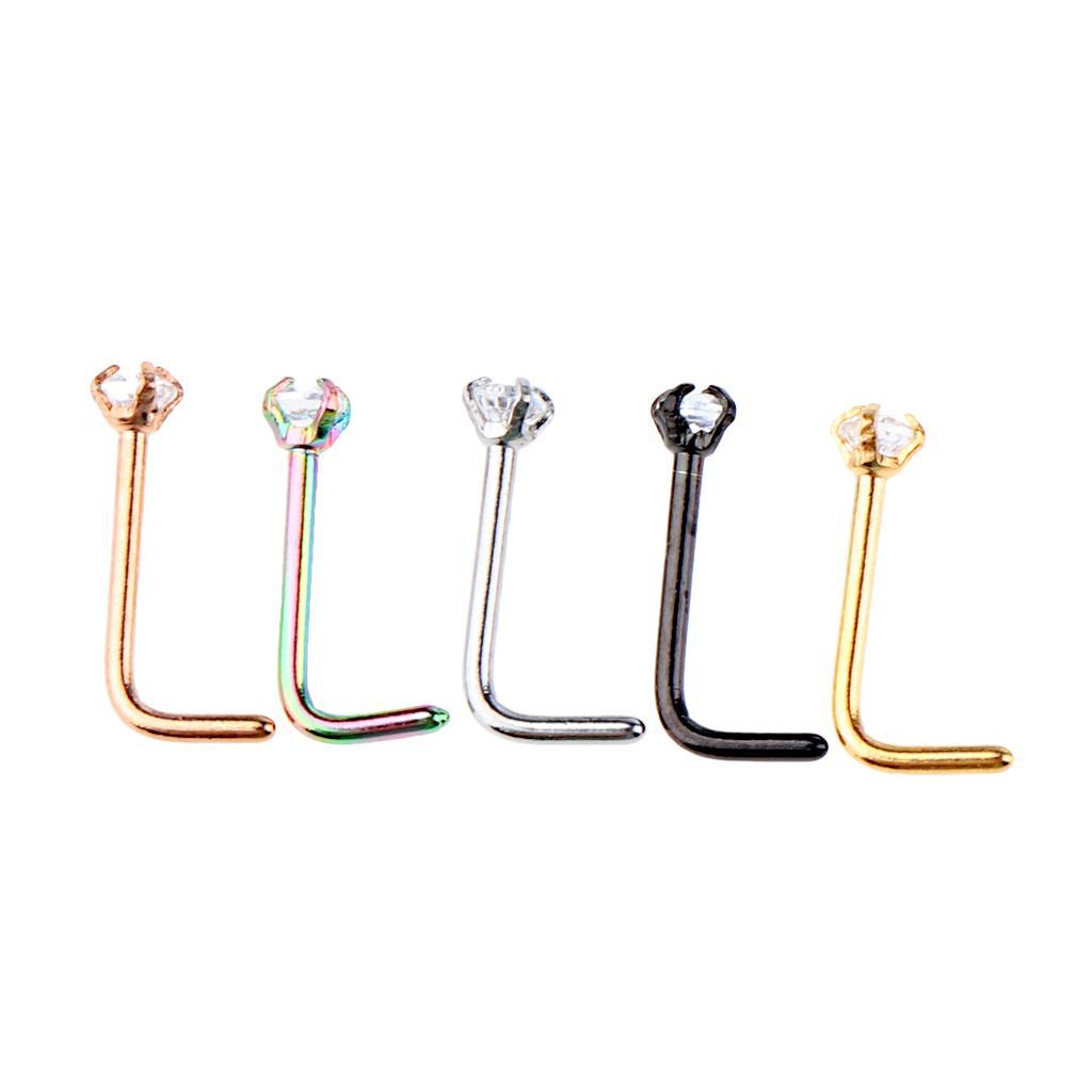 2-7pack 5 Pieces Stainless Steel L Shaped Nose Stud Rings Bar Body Piercing 20g