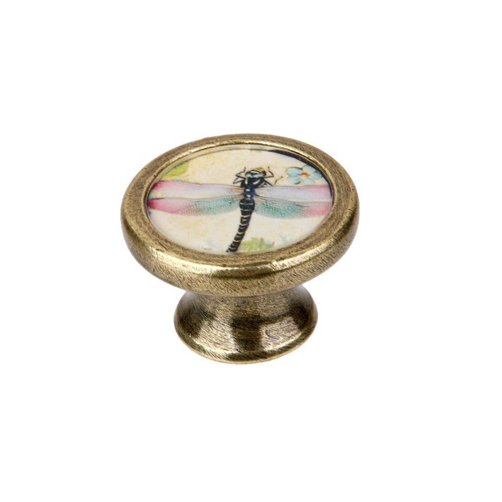 2x Retro Brass Door Knob Drawer Cabinet Cupboard Pulls Dragonfly+Butterfly