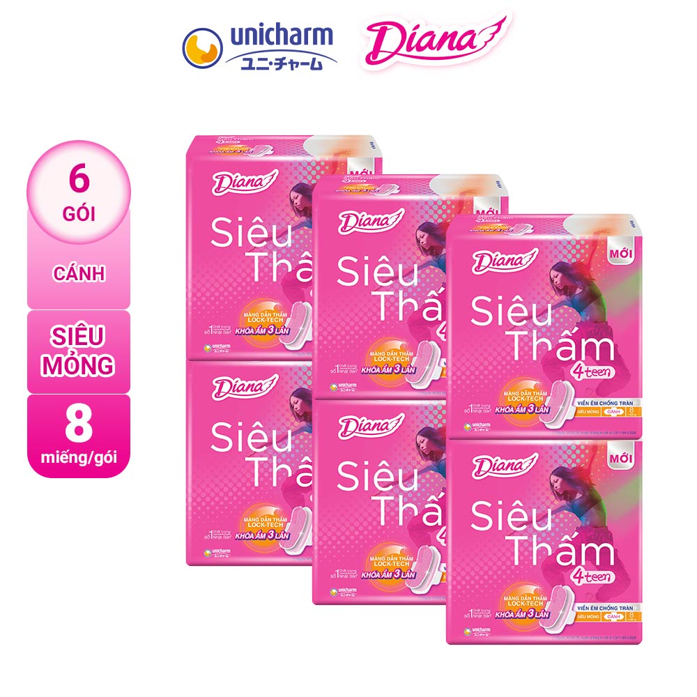 Combo 6 Băng Vệ Sinh Diana 4teen Siêu Mỏng Cánh (Gói 8 Miếng)