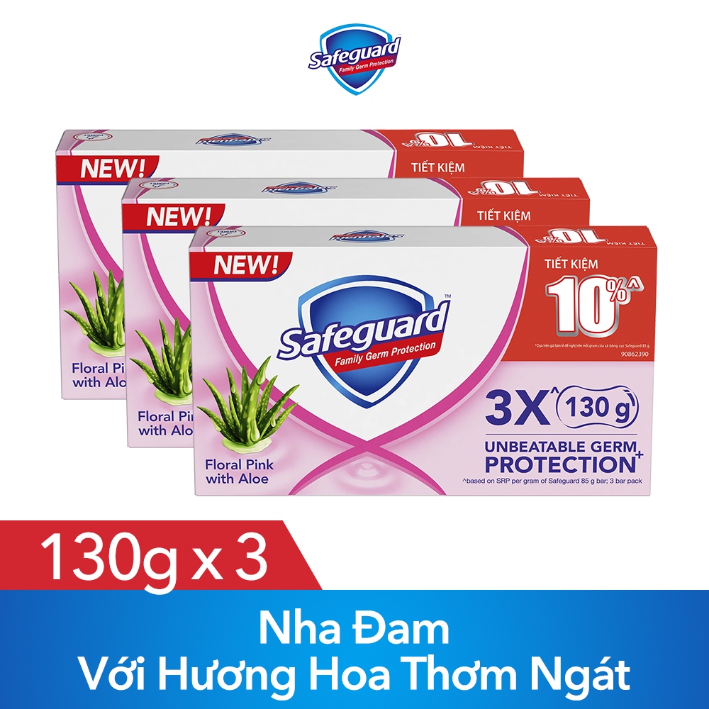 Combo 3 - Lốc 3 Xà Bông Cục Safeguard Nha Đam Với Hương Hoa Thơm Ngát - 130g x 3