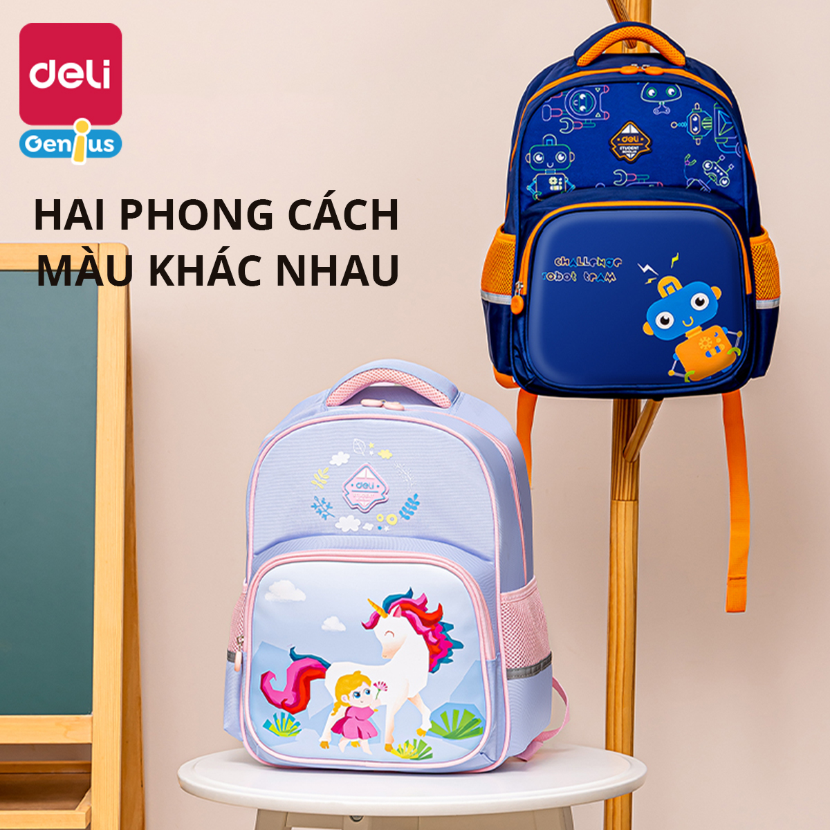 Balo học sinh tiểu học Deli cute nhiều màu sắc cho bé trai, bé gái đi học mẫu giáo - Chất liệu vải dù chống nước gù lưng - B10