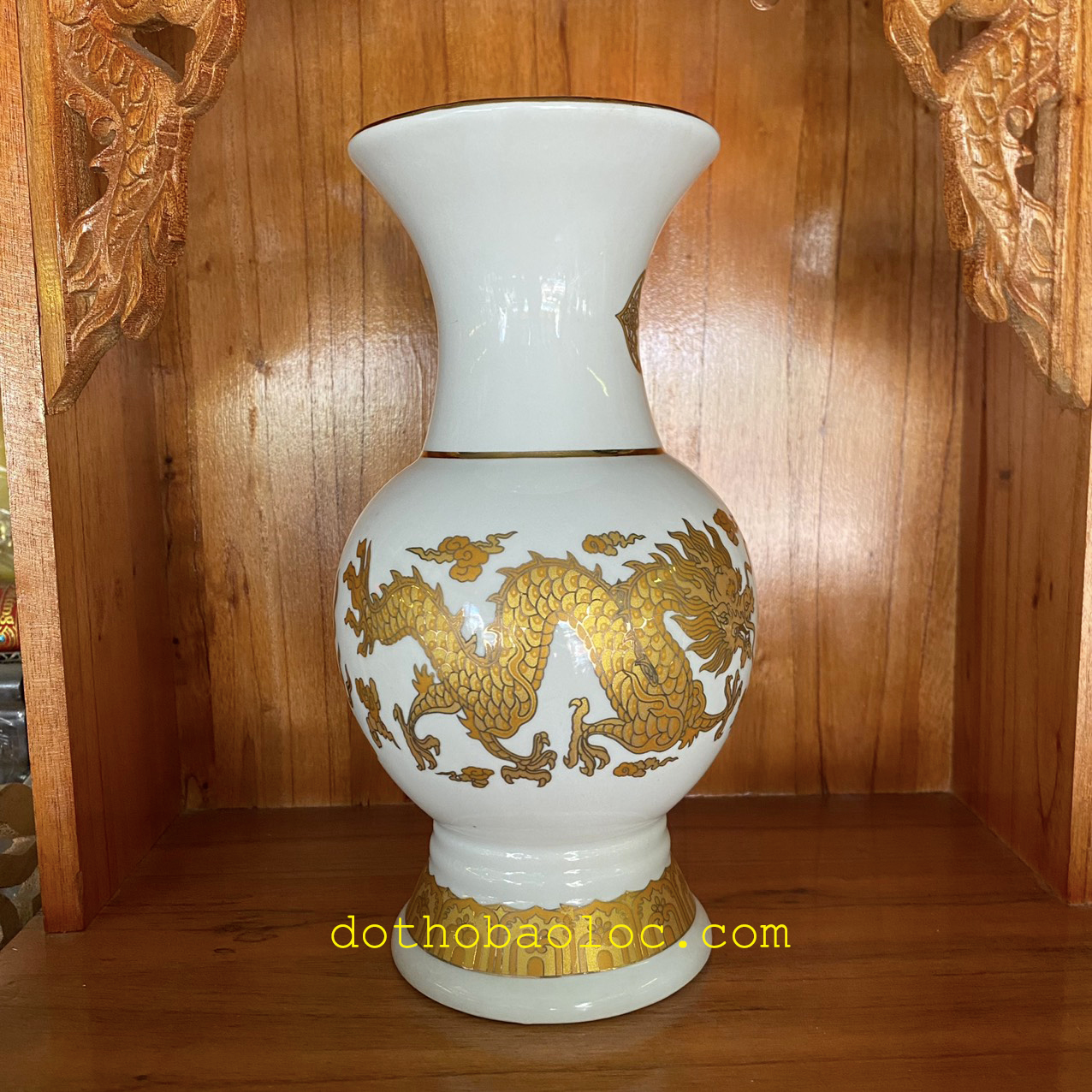 Bình bông sứ trắng hình rồng vàng 3D cao cấp 3 cỡ: 20cm, 22.5cm, 24.5cm